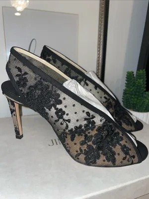 Jimmy Choo Shar 85 Black Floral Lace Peep-Toe Heels Size US 9 / EU 39 MSRP $1200 thumbnail 2