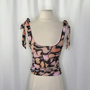 FREE PEOPLE‎ Avenue Tank Top Tie Shoulders Scoop Neck Pink Combo Retro Medium thumbnail 10