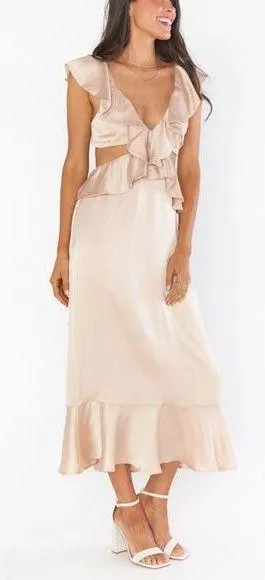 Show Me Your Mumu Cut-out Ruffled Zoey Midi Dress in Champagne Luxe Satin XS thumbnail 1