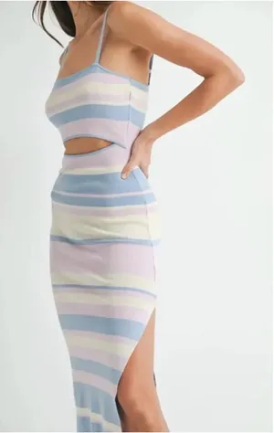 MARBLE Pink and Cream Striped Knit Dress with Cutout Front thumbnail 1