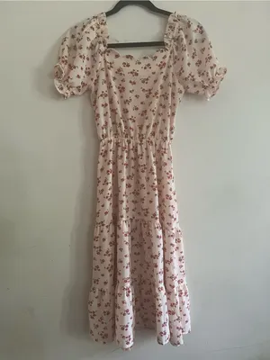 Monteau Cream Pink Cottagecore Floral Puff Sleeve Midi Dress XS Prairie Romantic thumbnail 5