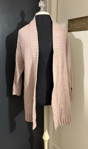 aerie Blush Mauve Open-Front Knit Chenille Cardigan with intentional distressing thumbnail 1