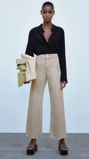 Zara Marine Straight Wide Leg Jeans Sz 0 Tan Beige High Rise Stretch thumbnail 1