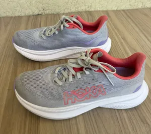 Hoka Women's Light Gray Running Shoes with Coral & Lavender Accents thumbnail 1