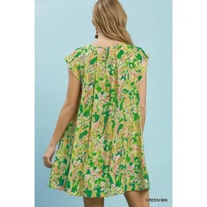 Umgee Tropical Floral Flutter Sleeve Swing Dress - Green‎ Mix - Small thumbnail 3
