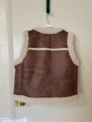 LOFT Faux Leather Suede Sherpa Open Vest Brown Cream Size M thumbnail 5