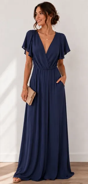 David's Bridal Navy Blue Flutter Sleeve V-Neck Chiffon Maxi Dress F19951 Size 6 thumbnail 1