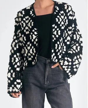 Elan Kylee Macrame Crochet Cropped Cardigan in Black/White, S thumbnail 1