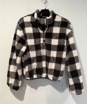 Buffalo Plaid Checkered Sherpa Zip Jacket Women Small Stretch Soft Travel Preppy thumbnail 1