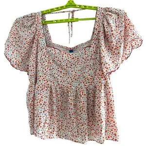 Old Navy Red Floral Smocked Square Neck Blouse Size 4X Peasant thumbnail 1