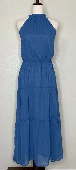 NWT Pretty Garden Blue Halter Tiered Maxi Dress, Sz Small thumbnail 1