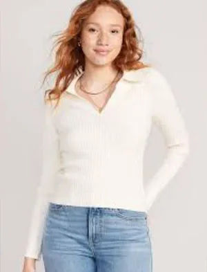 Old Navy Rib-Knit Johnny Collar Sweater Top (Sz XXL) White Ribbed Long Sleeve thumbnail 6