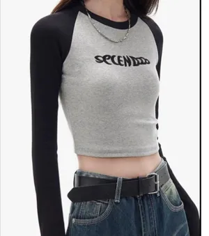 Y2K Style Raglan Long Sleeve Cropped Crew Neck Ribbed Black And Gray Shirt Top M thumbnail 1