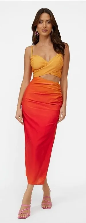 NWT Hello Molly Twin Flame Midi Dress Slit Ombre Yellow Orange Sz 2 Summer Party thumbnail 1