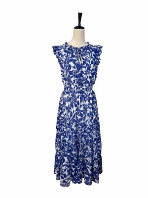 Sugar Lips Midi Dress Size M Floral Ruffle Smocked Tiered Blue White Tie Neck thumbnail 2