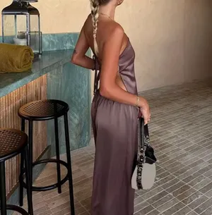 Amazon Dusty Purple Satin 2-Piece Set Strapless Backless Top and Wide Leg Pants thumbnail 2