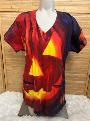S.C.R.U.B.S. Smart Scrubs Halloween Jack o lantern pumpkin scrubs top woman’s S thumbnail 1