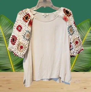 Umgee Boho Crochet Sleeve Top - Cream thumbnail 1