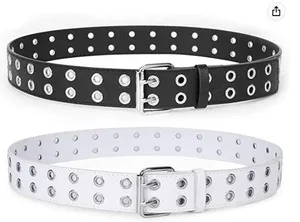Korean style leather double hole belt black with chain fashion white belt thumbnail 1