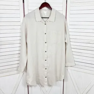 H&M Home Linen Button Up Shirt Dress Beige‎ Tan Medium Long Sleeve Beach thumbnail 7