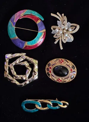 Vintage Brooch Pin Lot 5 Pcs Enamel Gold Tone Abstract Floral Geometric Jewelry thumbnail 1