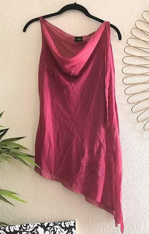 Vanity Collection Unique stunning Fairycore pink asymmetrical hem top with side slit and tie up detail on one strap and with butterfly bedazzling cami top blouse thumbnail 1