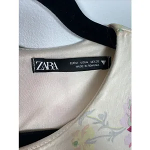 Zara Medium Dress Womens Floral Short Sleeve 90s Style‎ Yellow Pink Roses Lined thumbnail 2