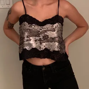 Express black lace gold sequin cropped cami top thumbnail 2
