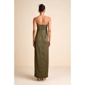 NWT Lulus Memorable Entrance Olive Green Strapless Satin Maxi Dress Holiday Sz L thumbnail 3