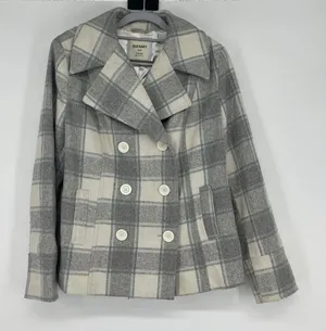 Old Navy Plaid Double Breasted Wool Blend Pea Coat Jacket Size L‎ Gray Cream thumbnail 1