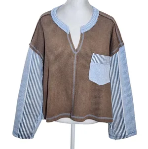 POL Brown and Blue Oversized Distressed Waffle Knit Top Size Large thumbnail 1