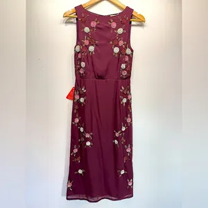 Burgundy Sleeveless Midi Dress Sequined Flowers Open Back Party Elegant Wedding thumbnail 3