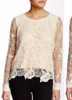Free‎ People tan crocheted lace overlay top open back women’s size small trendy thumbnail 1