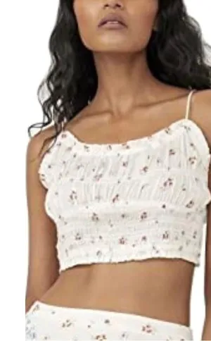 Free People Crop Top Womens S White‎ Floral Smocked Ruffle Boho Summer Tank thumbnail 1