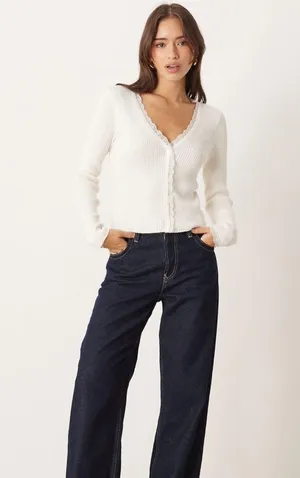 Abercrombie & Fitch lace panel detail ribbed cardigan in cream thumbnail 1