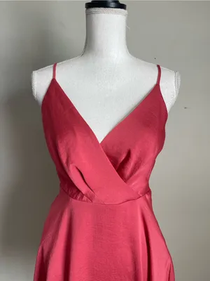 EXPRESS Rose Red Satin Faux Wrap Mini Flare Dress Sz XS thumbnail 3