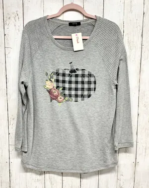 Modern Canvas Pumpkin Graphic Waffle Knit Womens Size L Grey‎ Fall Farmhouse Top thumbnail 1