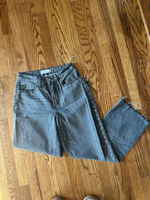 Abercrombie & Fitch Gray Wide-Leg Jeans with Stud Trim thumbnail 2