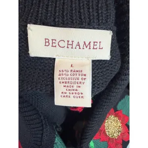 Bechamel Christmas Sweater Vest Large Black Poinsettia Holly Zip Up Knit thumbnail 4
