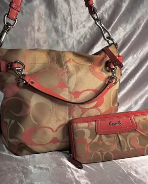 Vintage Y2K Coach Signature Coral Khaki Two Way Shoulder Bag and Matching Wallet thumbnail 1