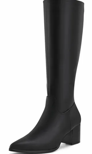 NEW Vegan Leather pointed Toe Mid Chunky heel zipper Knee High Boots 8 thumbnail 1