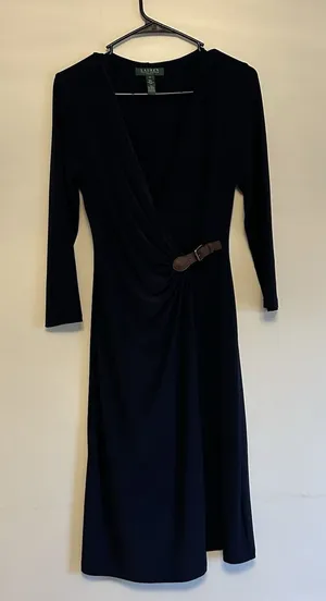 Lauren Ralph Lauren Navy‎ Blue Wrap Dress Size 4 Brown Buckle Flattering Ruching thumbnail 1