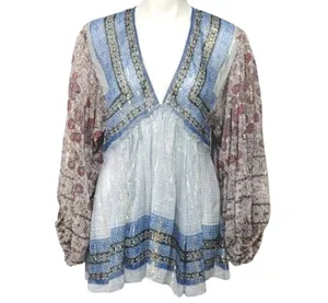 Free People $128 Aliyah Tunic Blouse Top S geometric print floral balloon sleeve thumbnail 4