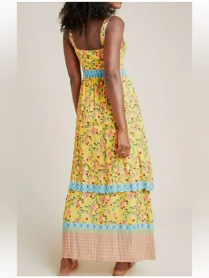 FARM Rio for Anthropologie Anjou Yellow Floral Maxi Dress with Blue Trim Size 0 thumbnail 2