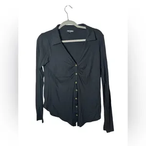 Steve‎ Madden Ribbed Ruched Button Down Long Sleeve Top Black Size M thumbnail 2