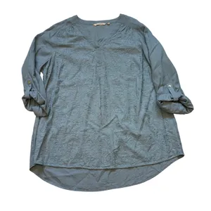 Soft Surroundings Embroidered Linen Blend Tunic Top Blue V-Neck‎ Plus Size 1X thumbnail 1