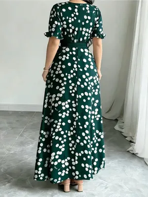 Polka Dot Maxi Dress in Dark Green with Belt thumbnail 2