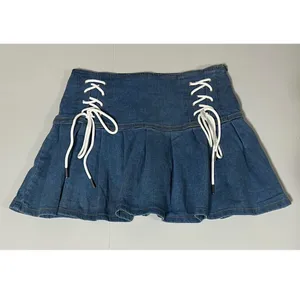 Blue White Jean Denim Tie-Up Pleated Mini Skirt Bottoms Size M 🩵🤍✨ thumbnail 3