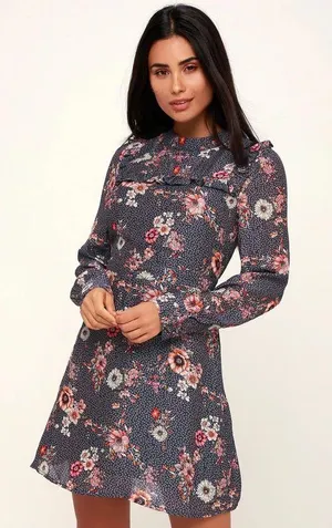 Wander Cassidy Navy Blue Floral Print Mini Dress thumbnail 1