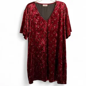 Natural Life All Day Velvet V-Neck Floral Shift Dress Burgundy XL Pockets thumbnail 2